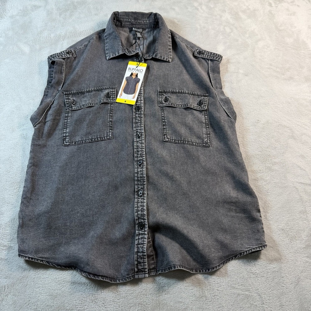 Buffalo David Bitton Womens Acid Wash Shirt Small Sleeveless Denim Grey Rock